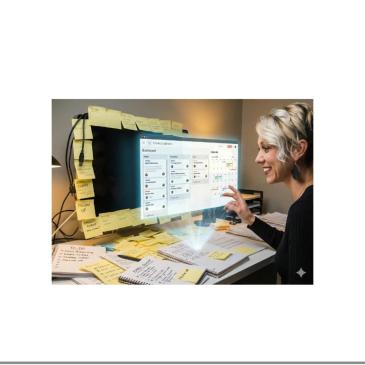 Graphic showing Danielle LeBaron interacting with a digital project dashboard beside a monitor surrounded by sticky notes, for the post "Stop Running Your Business on Sticky Notes"