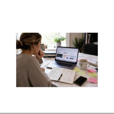 Photo of a business owner researching virtual assistant agencies like BELAY and Boldly on her laptop