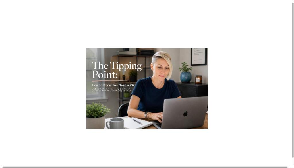 Graphic reading "The Tipping Point: How to Know You Need a VA" beside a photo of Danielle LeBaron typing on her laptop