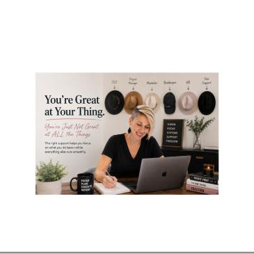 Graphic reading "You're Great at Your Thing, You're Just Not Great at ALL the Things" beside a photo of Danielle LeBaron working at her desk
