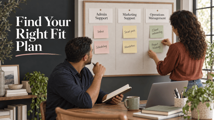 Sticky notes outlining Admin Support, Marketing Support, and Operations Management plan options, illustrating finding your right-fit plan